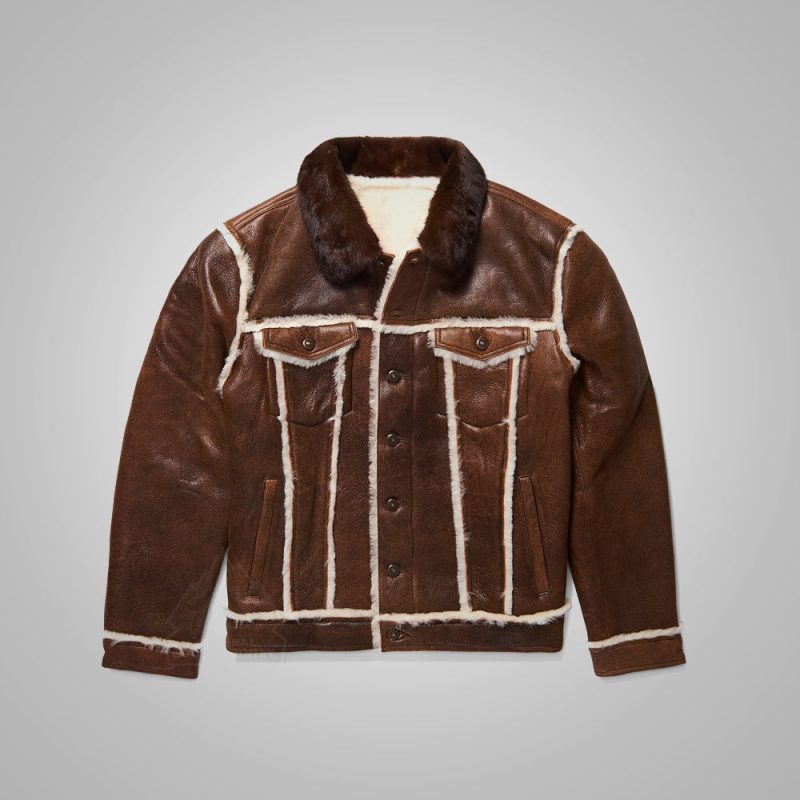 Men sDistressedBrownSheepskingFlyingTruckerJacket