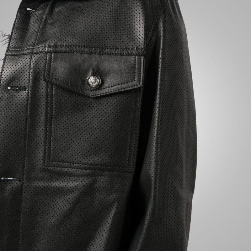 Men sDottedPatternFullSleevesBlackLeatherShirt