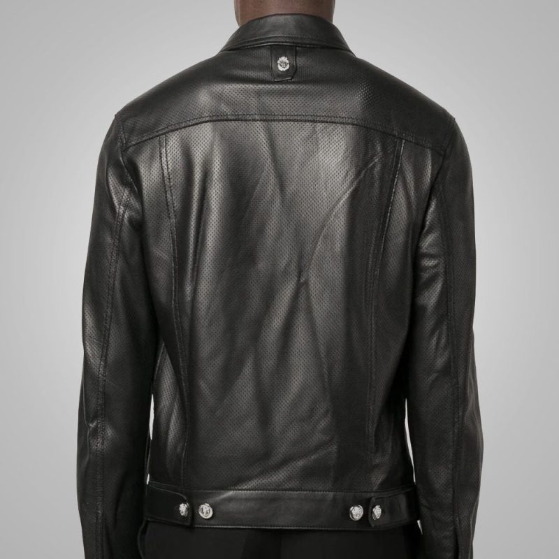 Men sDottedPatternFullSleevesBlackLeatherShirt2