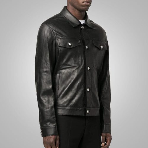 Men sDottedPatternFullSleevesBlackLeatherShirt3