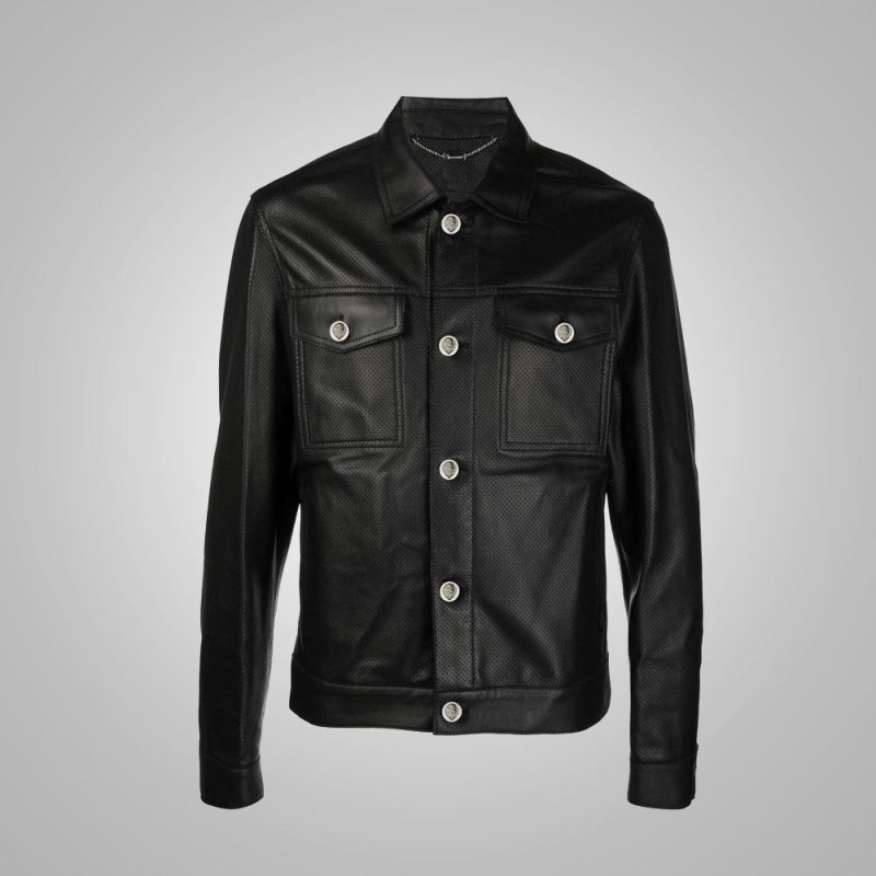 Men sDottedPatternFullSleevesBlackLeatherShirt5