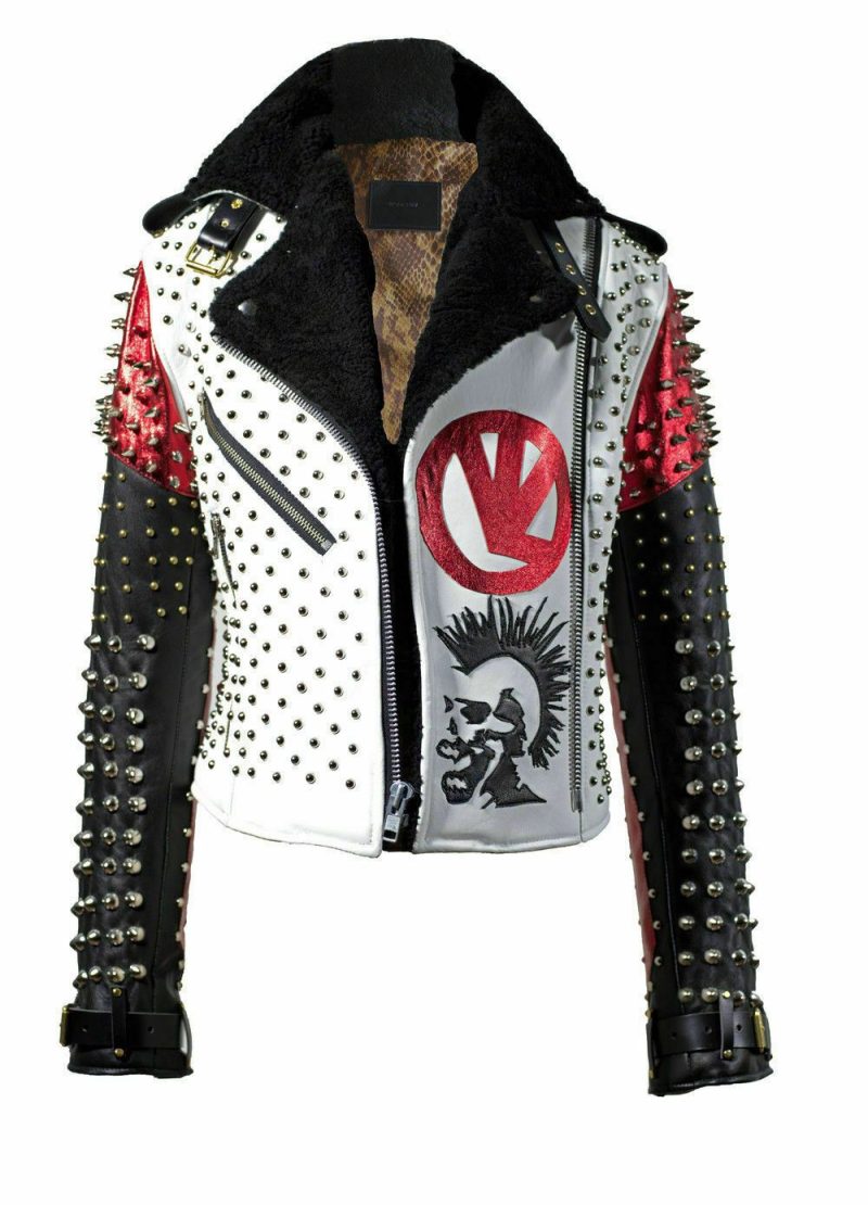 Men sHandmadeVictorLunaWhiteBlackStuddedRockPunkGenuineLeatherJacket