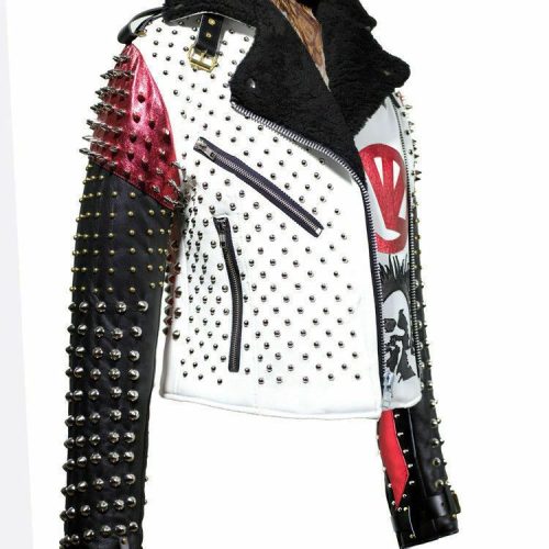 Men sHandmadeVictorLunaWhiteBlackStuddedRockPunkGenuineLeatherJacket3