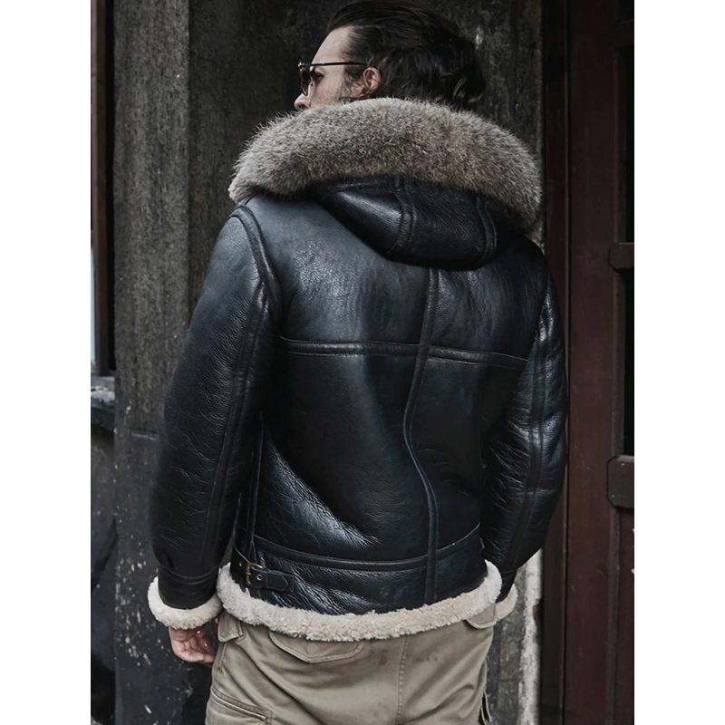 Men sHoodedRAFAviatorB3SheepskinBlackShearlingJacket