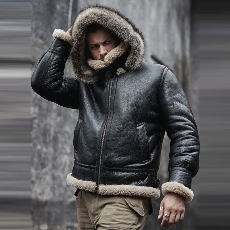 Men sHoodedRAFAviatorB3SheepskinShearlingJacket