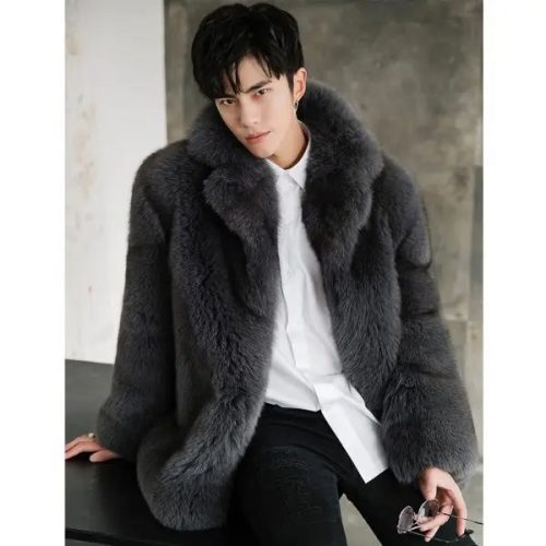 Men sLuxuryBlackWinterFoxFurHoodedShortCoatJacket3