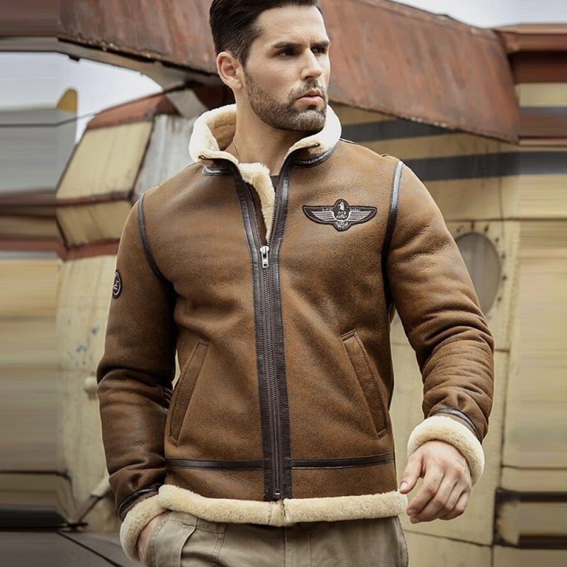 Men sRAFAviatorAirforceSheepskinShearlingLeatherJacket