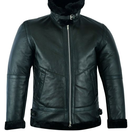 Men sShearlingLeatherBlackFurB3RAFAviatorBomberRealSheepskinJacket