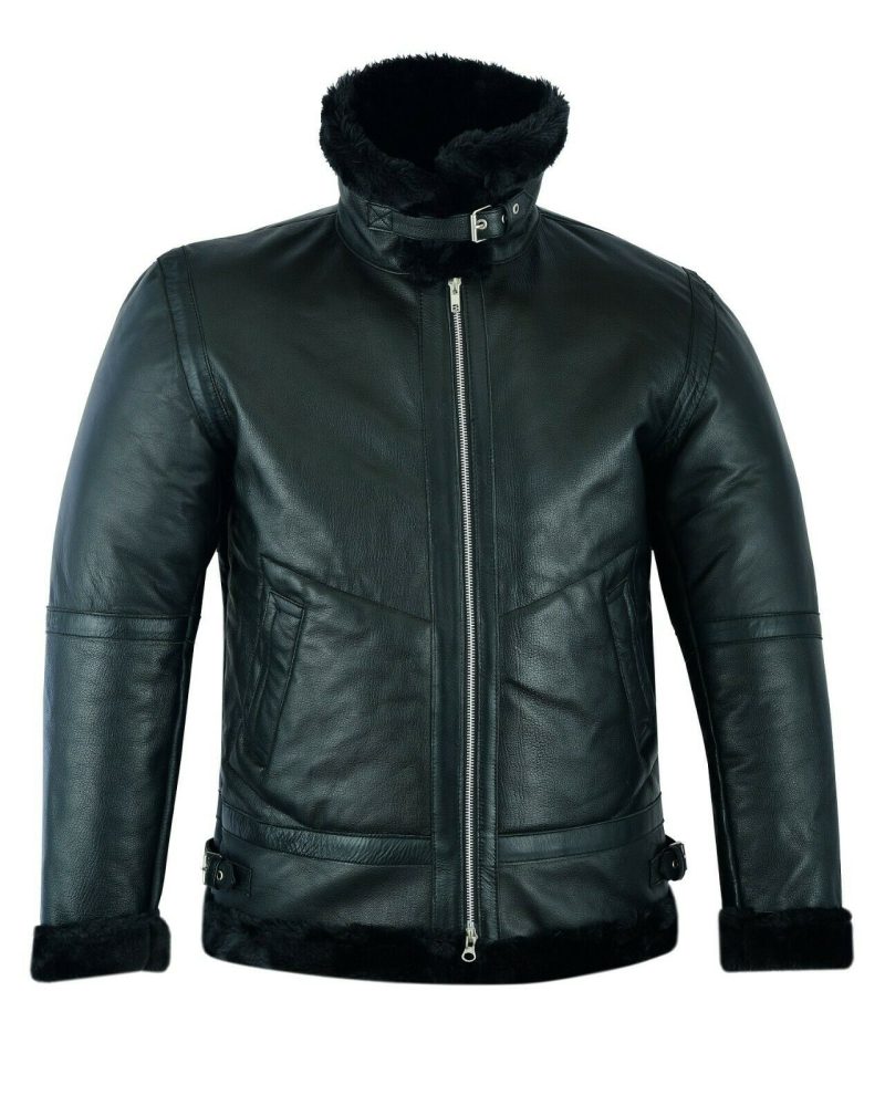 Men sShearlingLeatherBlackFurB3RAFAviatorBomberRealSheepskinJacket