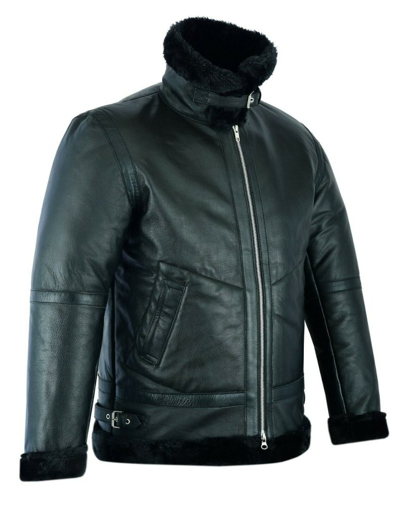 Men sShearlingLeatherBlackFurB3RAFAviatorBomberRealSheepskinJacket2