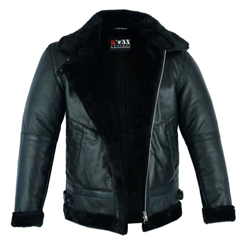 Men sShearlingLeatherBlackFurB3RAFAviatorBomberRealSheepskinJacket3