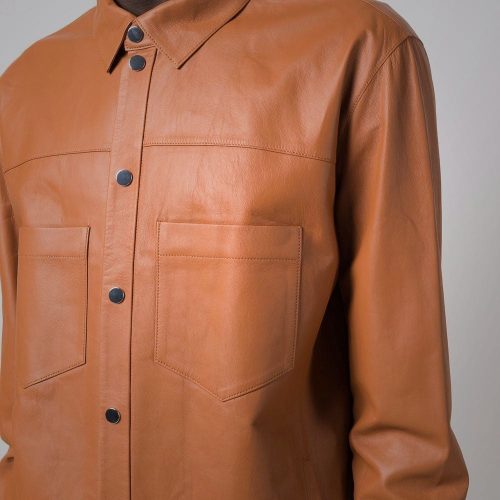 Men sSnapButtonClosureBrownLeatherShirt