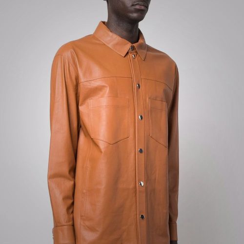 Men sSnapButtonClosureBrownLeatherShirt3