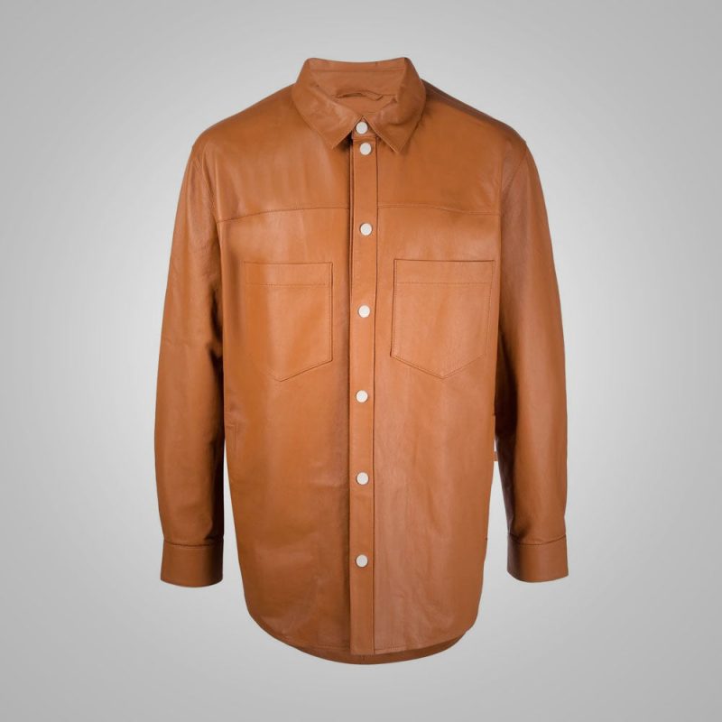 Men sSnapButtonClosureBrownLeatherShirt5