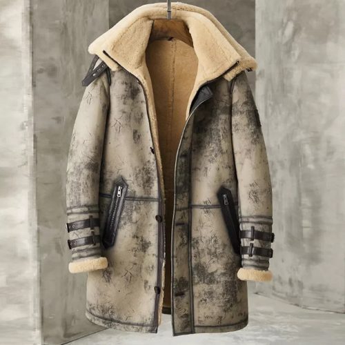 Men sWaxedB3RAFFlyingDoubleCollarSheepskinShearlingLeatherLongJacketCoat