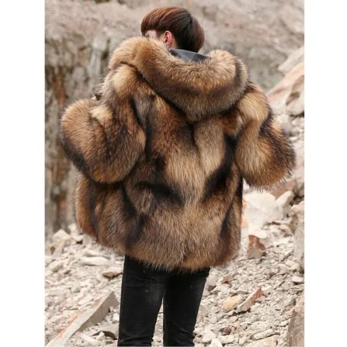 Men sluxurygoldenWinterFoxFurHoodedShortCoatJacket