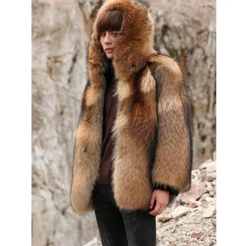 Men sluxurygoldenWinterFoxFurHoodedShortCoatJacket2