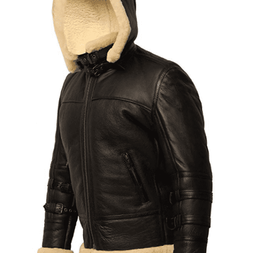 Mens B3 Shearling Removable Hood Black Jacket