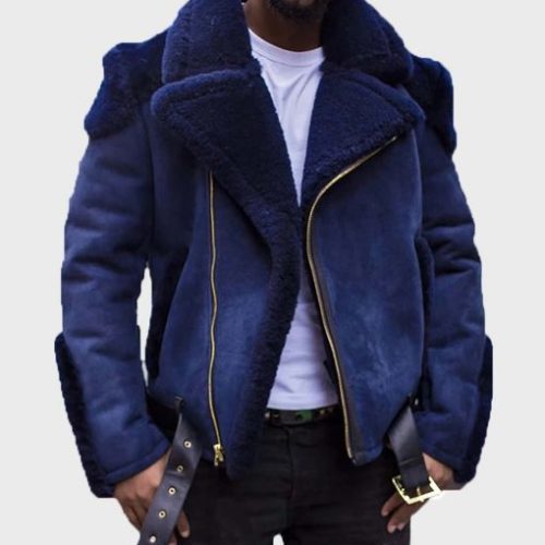 Mens Blue Casual Sheepskin Shearling Leather Jacket