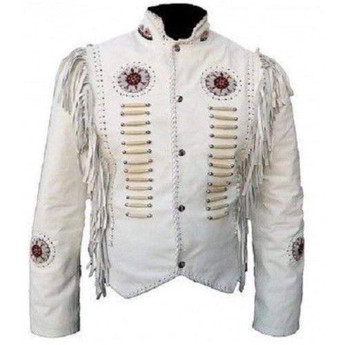 Men's Cowboy Leather Jacket Western Coat Fringes Beads White Jacket - Shearling leather