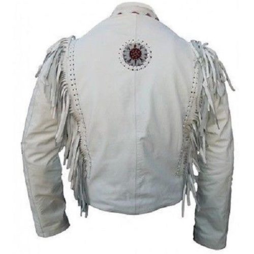 Mens Cowboy Suede Leather Jacket Western Coat Fringes Beads Jacket BACK SDIE