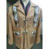 Men's Cowboy Leather Jacket Western Coat Fringes, Beige Color Cowboy Jacket For Men - Shearling leather