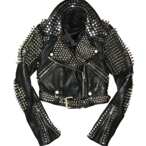 Full Black Punk Brando Silver Spiked Studded Cowhide Leather Jacket - Shearling leather