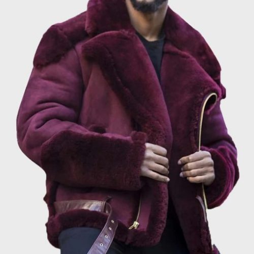 Mens Maroon Casual Shearling Leather Jacket