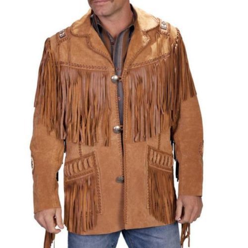 Men's New Tan Brown Western Suede Cow Leather Jacket Fringes, Cowboy Jacket - Shearling leather