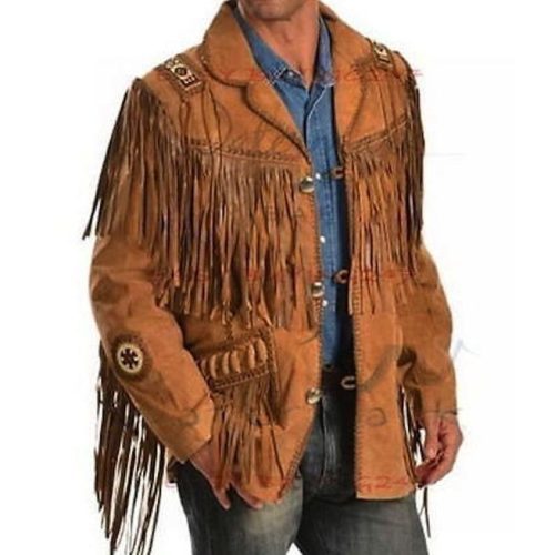 Mens New Tan Brown Western Suede Cow Leather Jacket Fringes Cowboy Jacket IMAGE 2