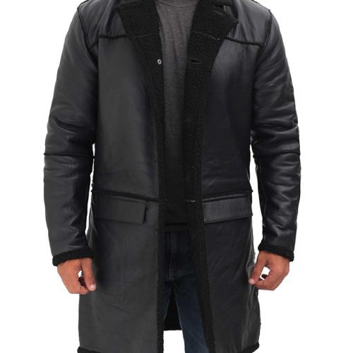 Mens black leather shearling coat