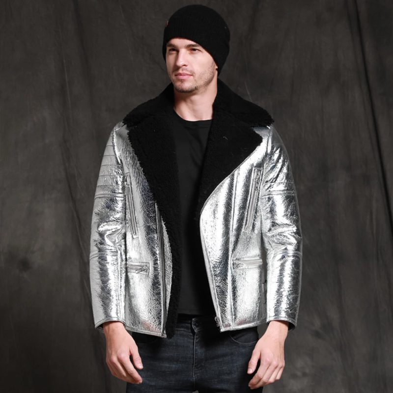 MensAircraftPilotShinnySheepskinShearlingSilverLeatherJacket2