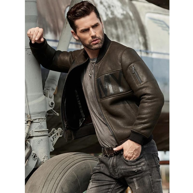 MensArmyGreenShearlingCoatSheepskinLeatherOvercoatMotorcycleB3FlightJacketBaseballUniform2