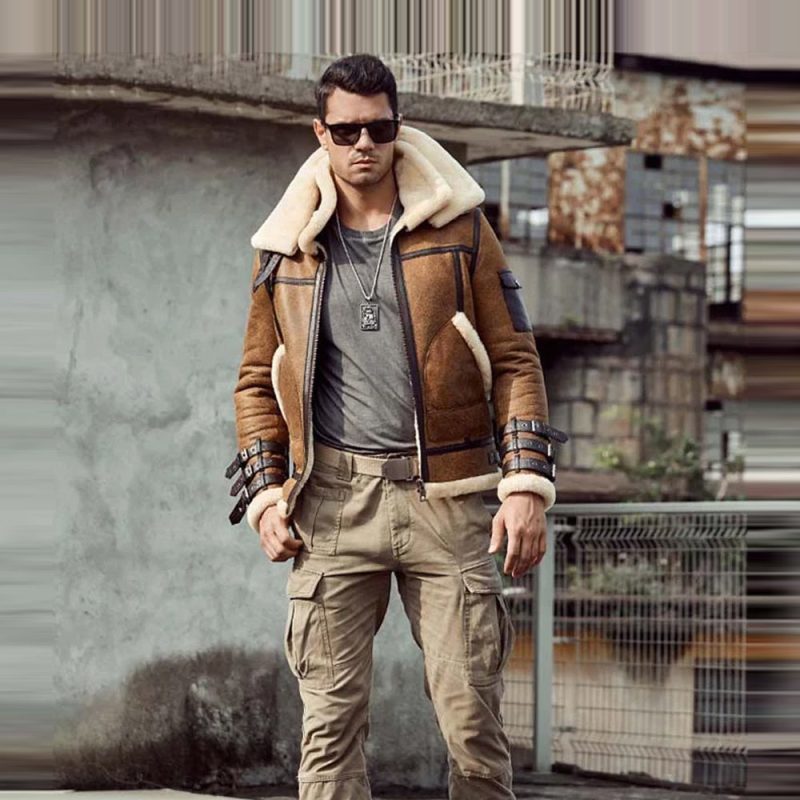 MensB3RAFAviatorBrownDoubleCollarFlightShearlingLeatherJacketCoat