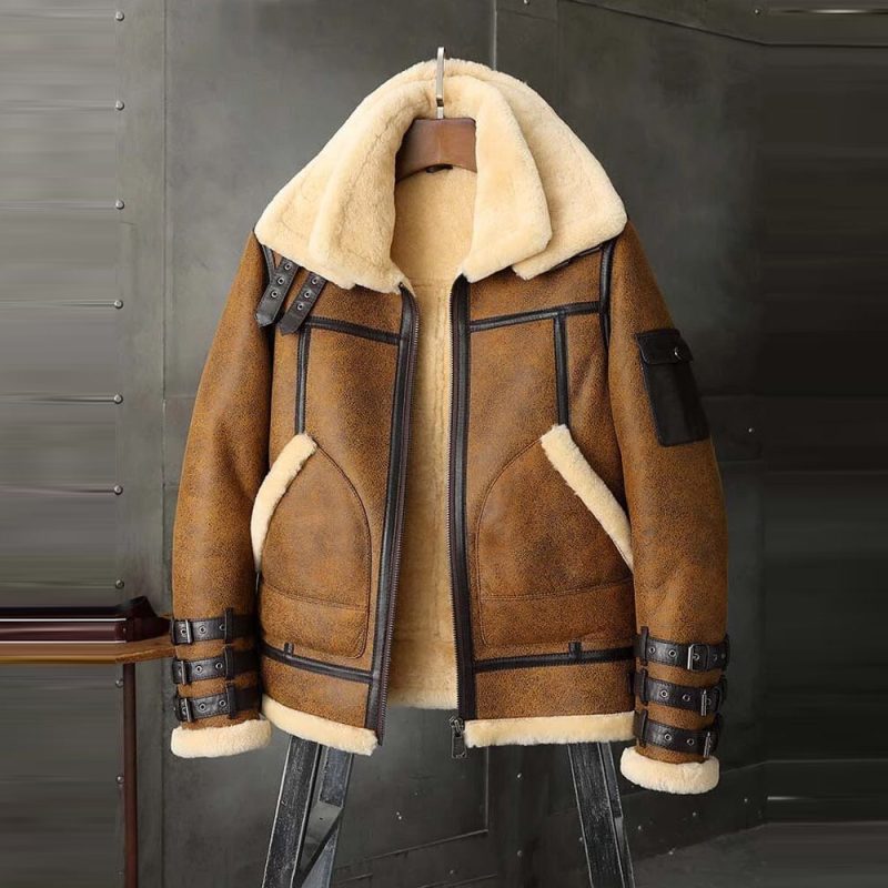 MensB3RAFAviatorBrownDoubleCollarFlightShearlingLeatherJacketCoat3