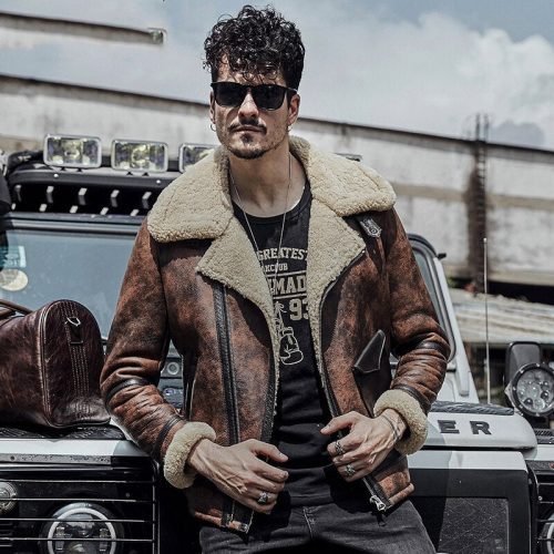 MensB3RAFWaxedBrownFlyingAviatorLeatherShearlingJacketCoat