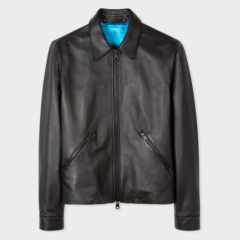 MensBlackDownCollarSheepskingLeatherJacket