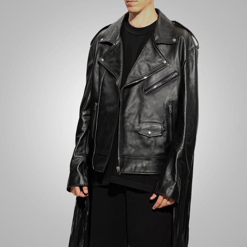 MensBlackLeatherMtorcycleCowboyFringedJacket2