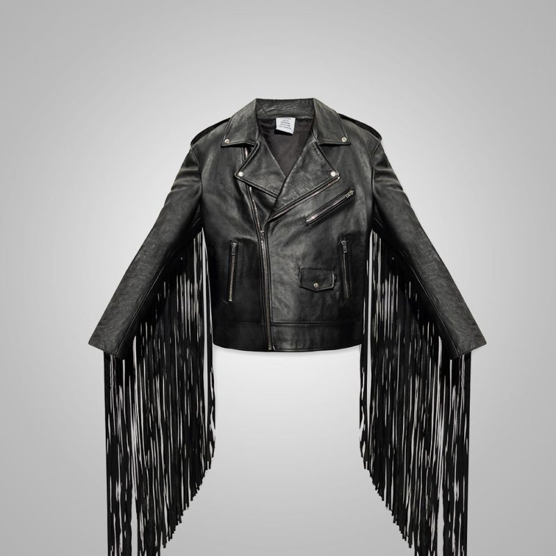 MensBlackLeatherMtorcycleCowboyFringedJacket4