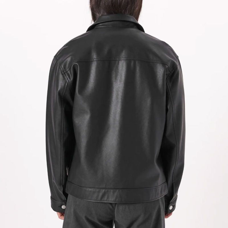 MensBlackPlainTruckerLeatherJacket