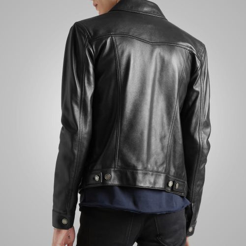 MensBlackSheepskinLeatherTruckerJacket