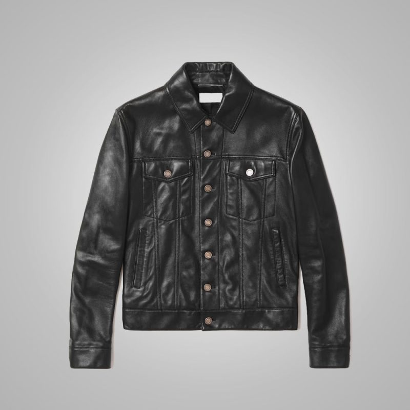 MensBlackSheepskinLeatherTruckerJacket3