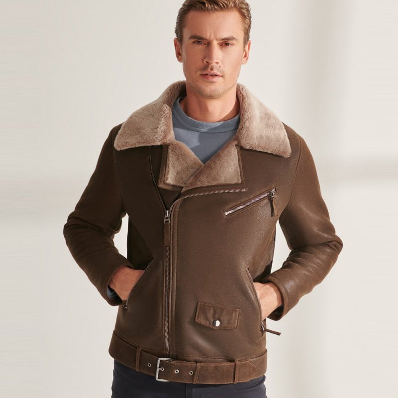 MensBrownBikerShearlingSheepskinLeatherAviatorJacket2