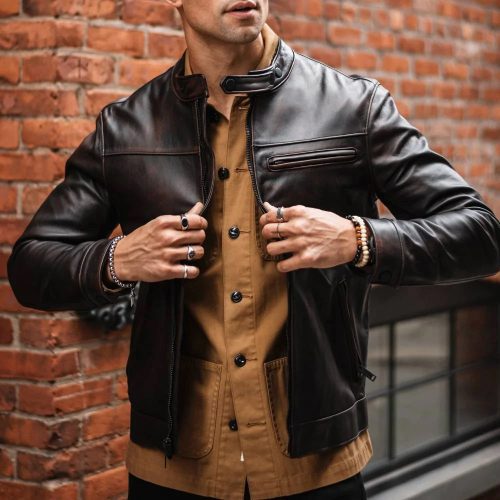 MensBrownCafeRacerGoatskinLeatherMotorbikeJacket