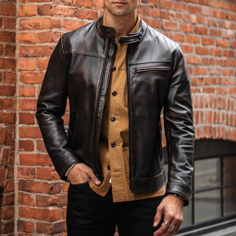 MensBrownCafeRacerGoatskinLeatherMotorbikeJacket2