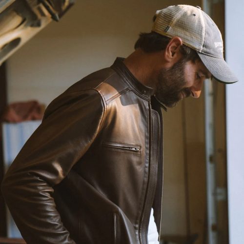 MensBrownCafeRacerLambskinLeatherMotorcycleJacket