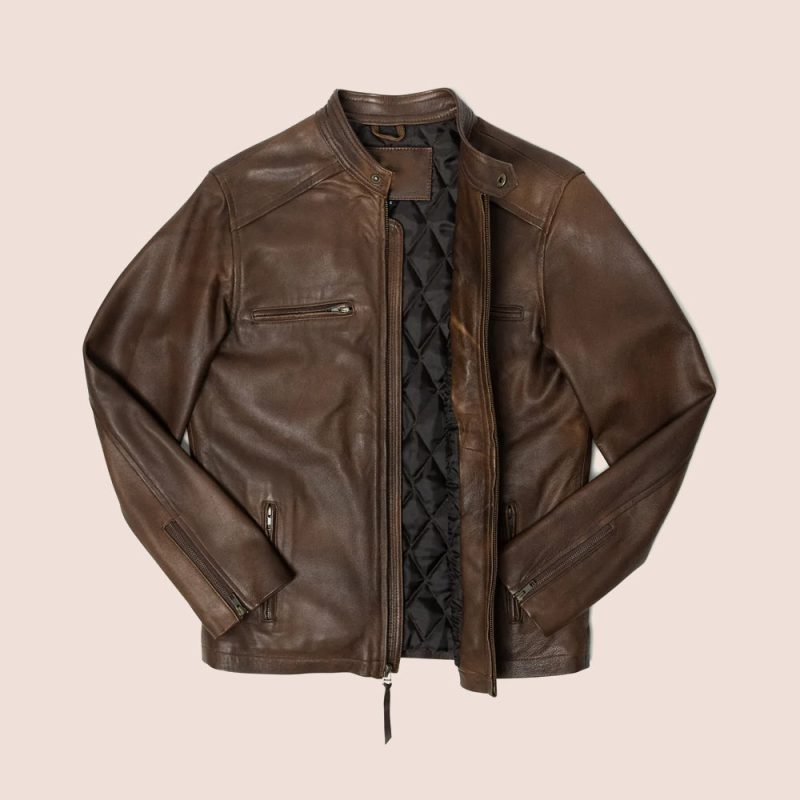 MensBrownCafeRacerLambskinLeatherMotorcycleJacket5