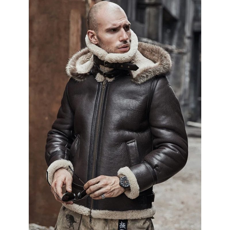 MensBrownHoodedB3RAFAviatorSheepskinShearlingLeatherJacket2