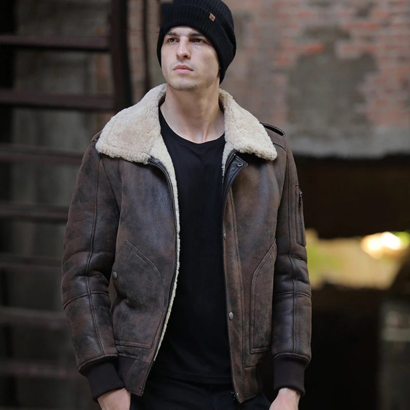 MensBrownRAFAviatorFlightShearlingSheepskinLeatherJacket2