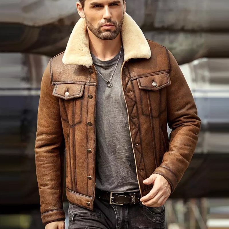 MensBrownRAFB3SheepskinTruckerShearlingLeatherJacket